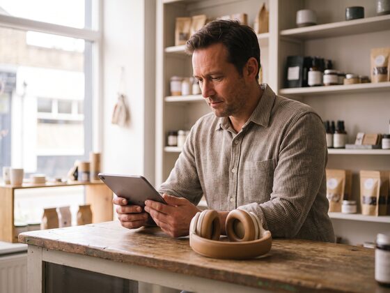 A shop owner behind the counter checking their reviews on a tablet.